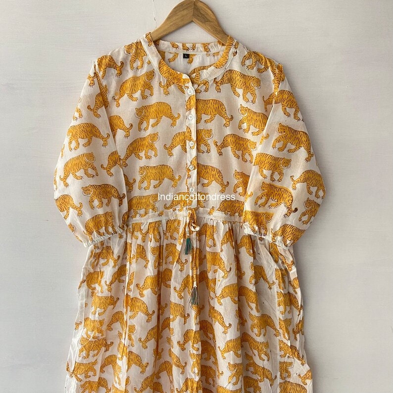 Indian cotton hand block tiger print summer casual dress,boho long maxi dress,midi dress,block print dress,ruffle dress, indian Print gown