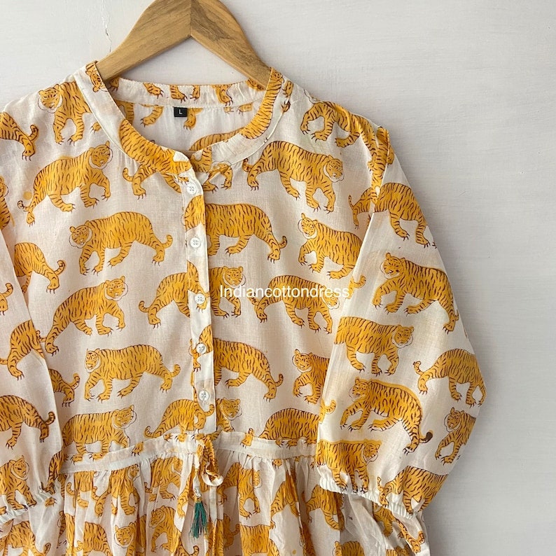 Indian cotton hand block tiger print summer casual dress,boho long maxi dress,midi dress,block print dress,ruffle dress, indian Print gown