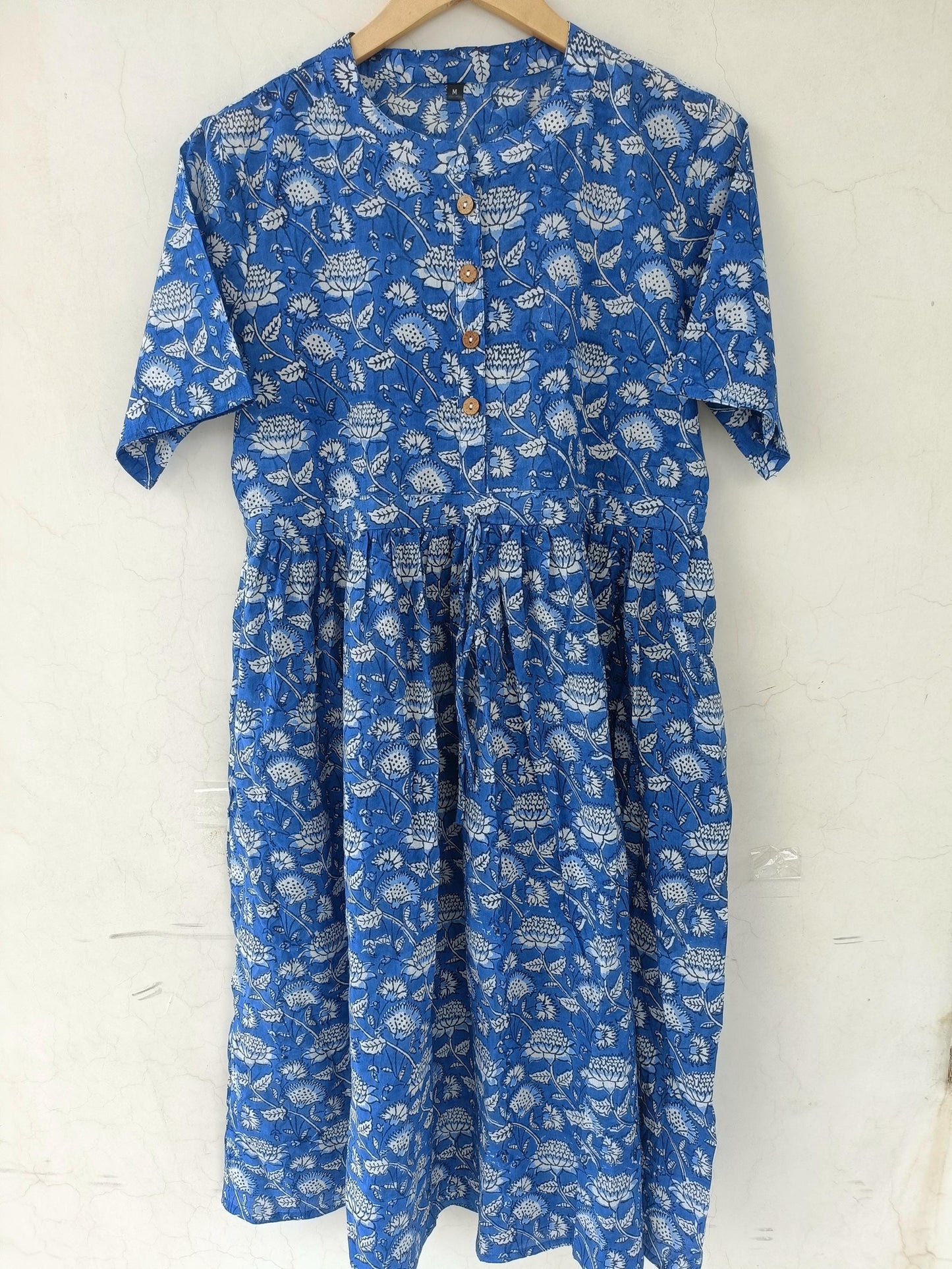 indian handmade blue floral print dress, block print dress, flapper dress, skater circle dress, boat neck dress, cotton dress, summer wear