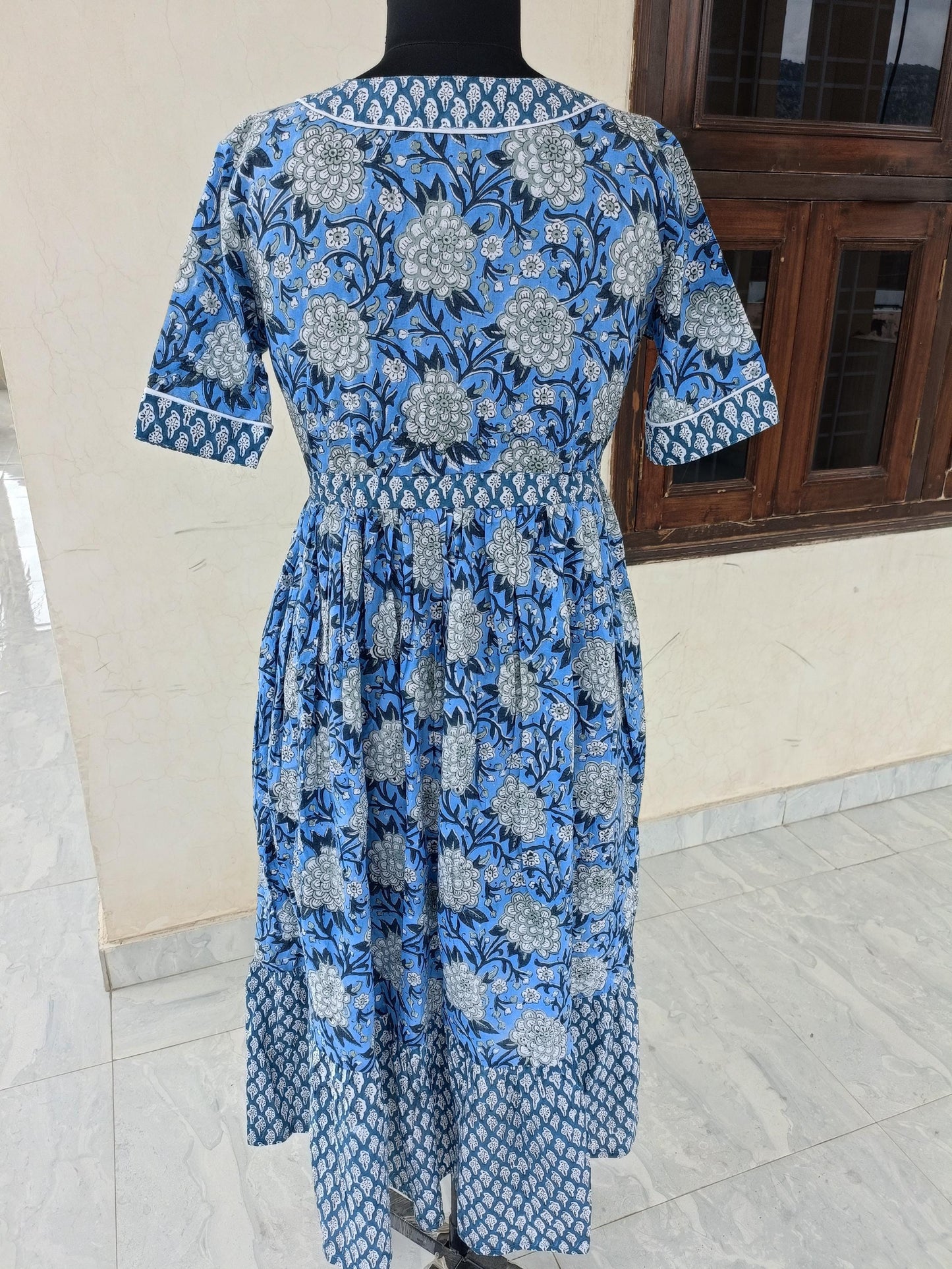 Indian handmade blue dress, v neck dress, block print dress, midi dress, maxi dress,cotton dress, summer wear dress,ruffle dress, gown dress