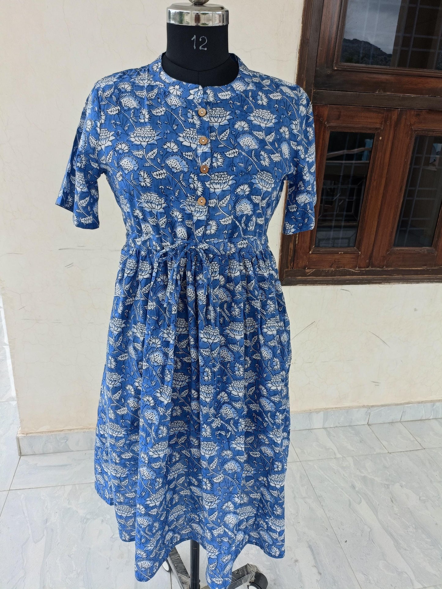 indian handmade blue floral print dress, block print dress, flapper dress, skater circle dress, boat neck dress, cotton dress, summer wear