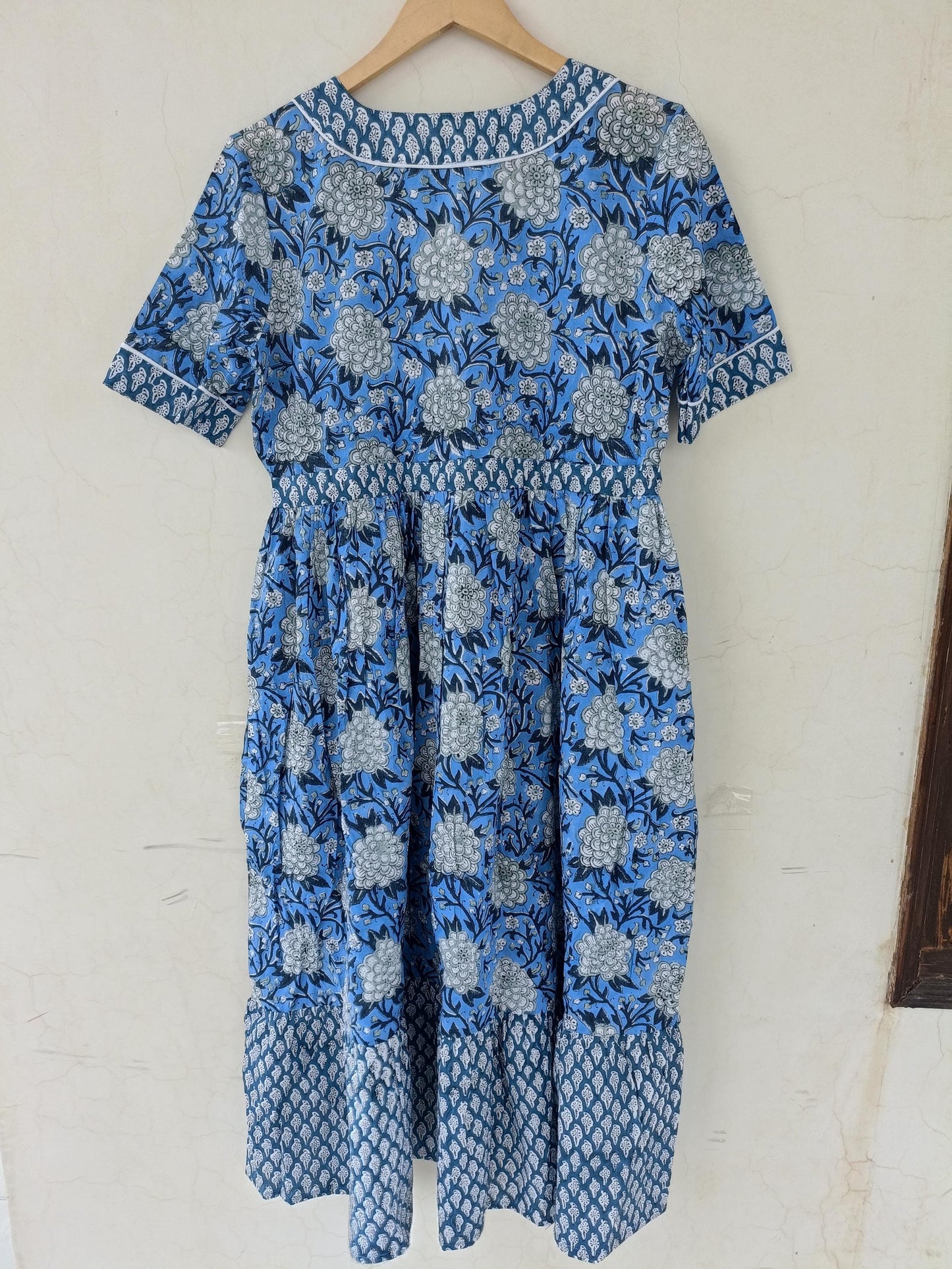 Indian handmade blue dress, v neck dress, block print dress, midi dress, maxi dress,cotton dress, summer wear dress,ruffle dress, gown dress