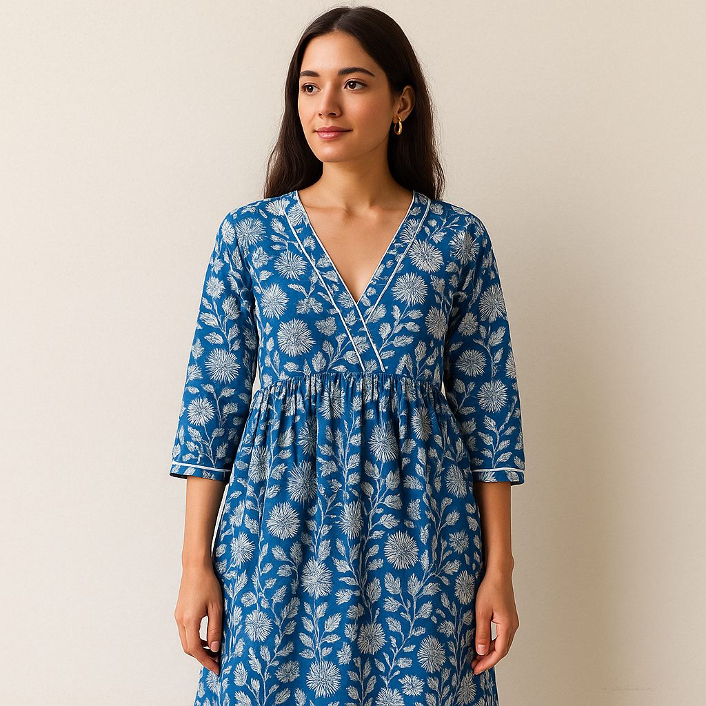 Floral V Neck Indian Cotton Handblock Handmade Dress