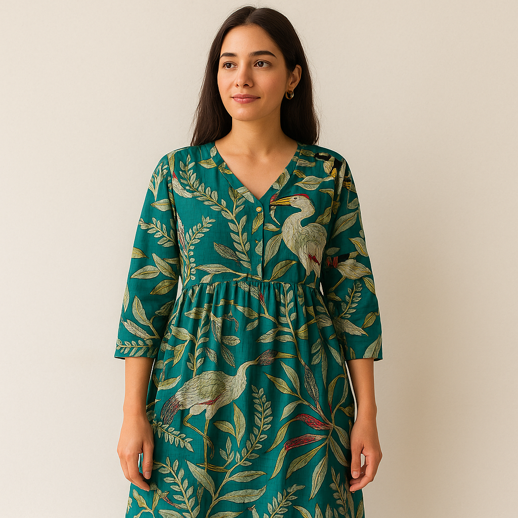 Indian Cotton Handblock Print Green Summer Casual Dress