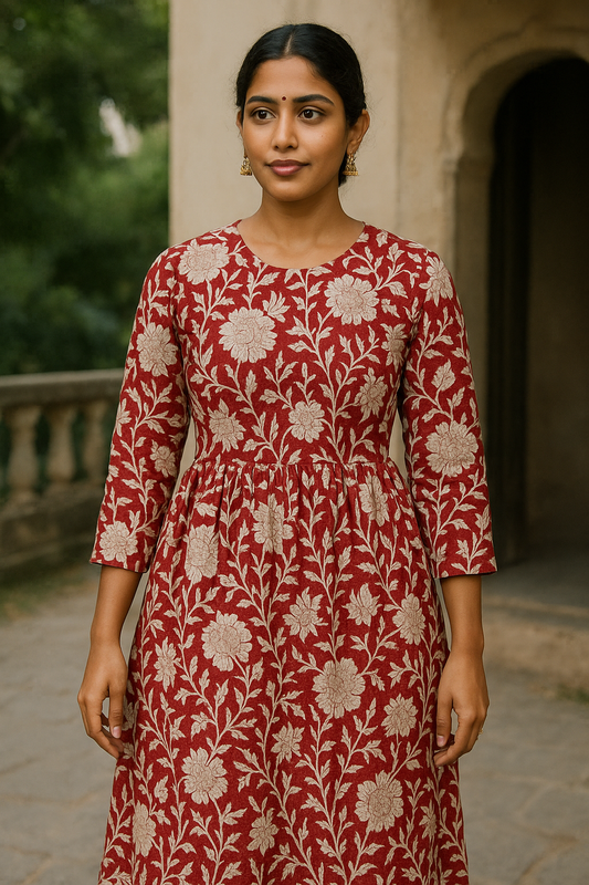 Handblock print floral dress, indian dress, midi dress, Beach wear dress, boho hippie dress, Blousen dress, skater circle dress,cotton dress