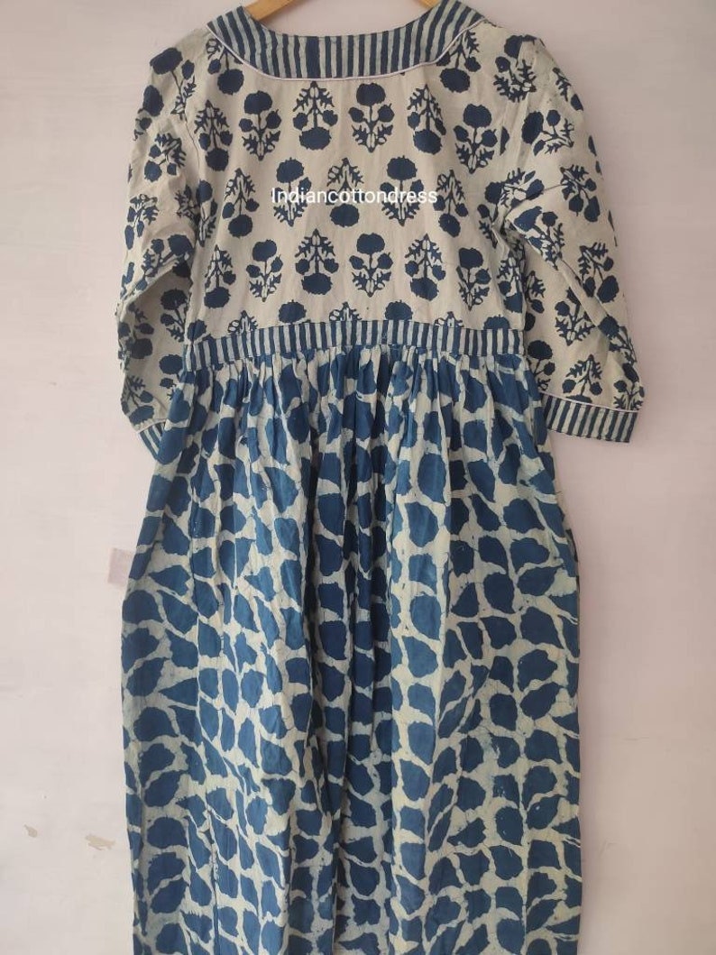 Indian cotton handblock Indigo print summer casual dress, boho long maxi dress, midi dress, block print dress deep v neck dress ruffle dress