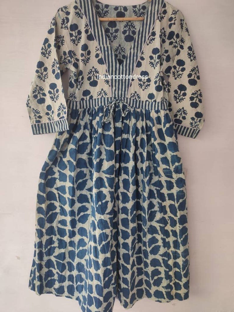 Indian cotton handblock Indigo print summer casual dress, boho long maxi dress, midi dress, block print dress deep v neck dress ruffle dress