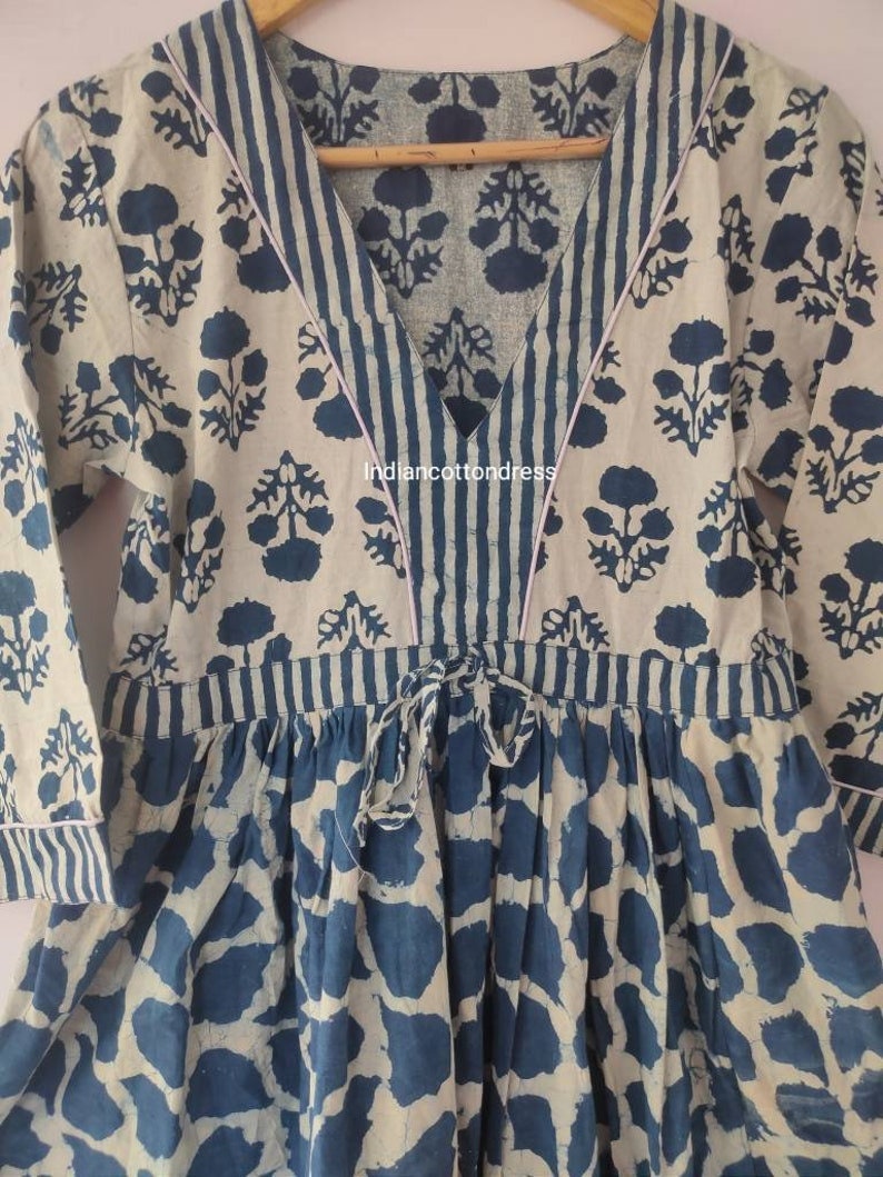 Indian cotton handblock Indigo print summer casual dress, boho long maxi dress, midi dress, block print dress deep v neck dress ruffle dress