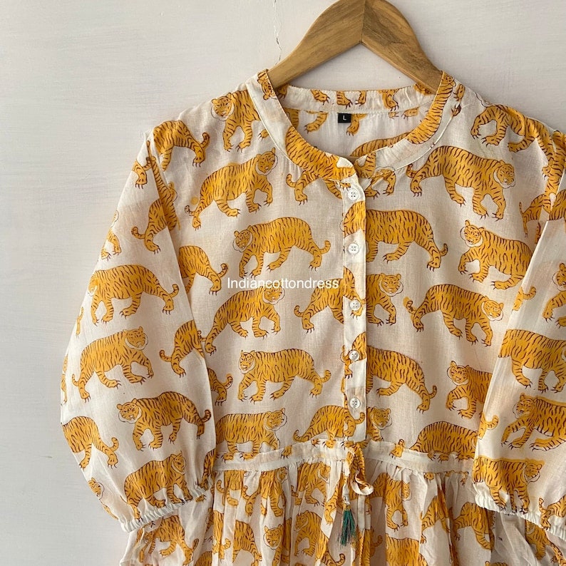 Indian cotton hand block tiger print summer casual dress,boho long maxi dress,midi dress,block print dress,ruffle dress, indian Print gown