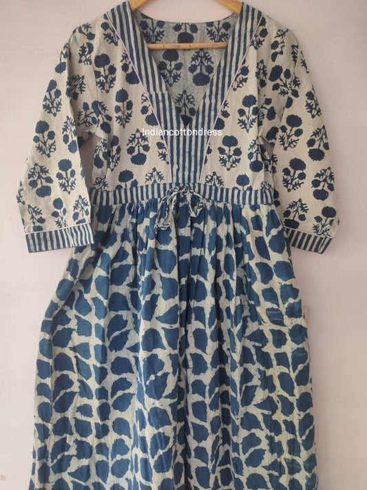 Indian cotton handblock Indigo print summer casual dress, boho long maxi dress, midi dress, block print dress deep v neck dress ruffle dress