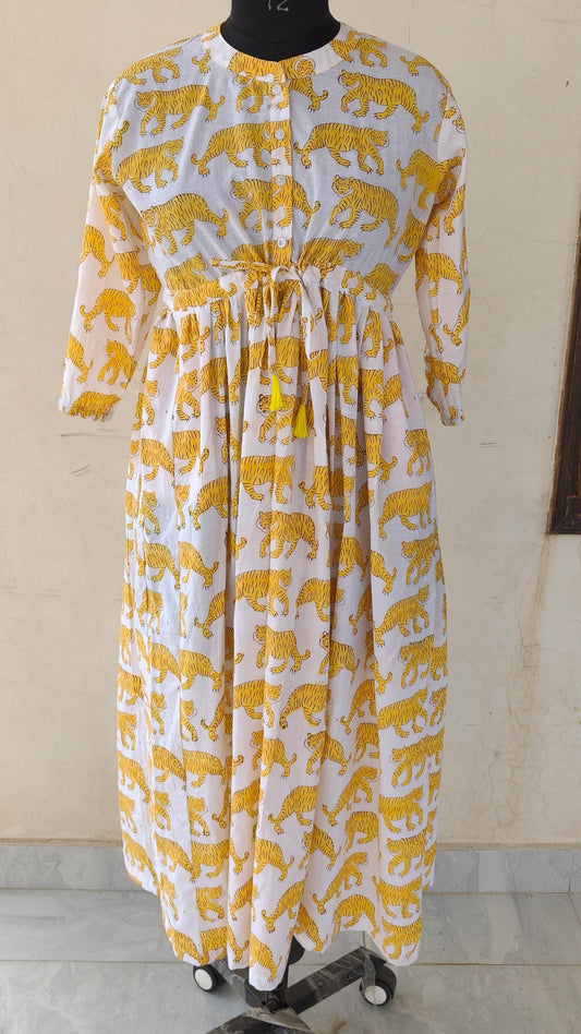 Tiger handblock print dress,  indian cotton dress, ruffle dress, maxi dress, summer wear,gift for her, casual dress, boho dress,skater dress