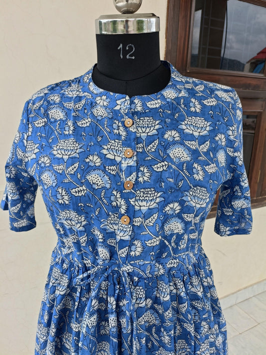 indian handmade blue floral print dress, block print dress, flapper dress, skater circle dress, boat neck dress, cotton dress, summer wear