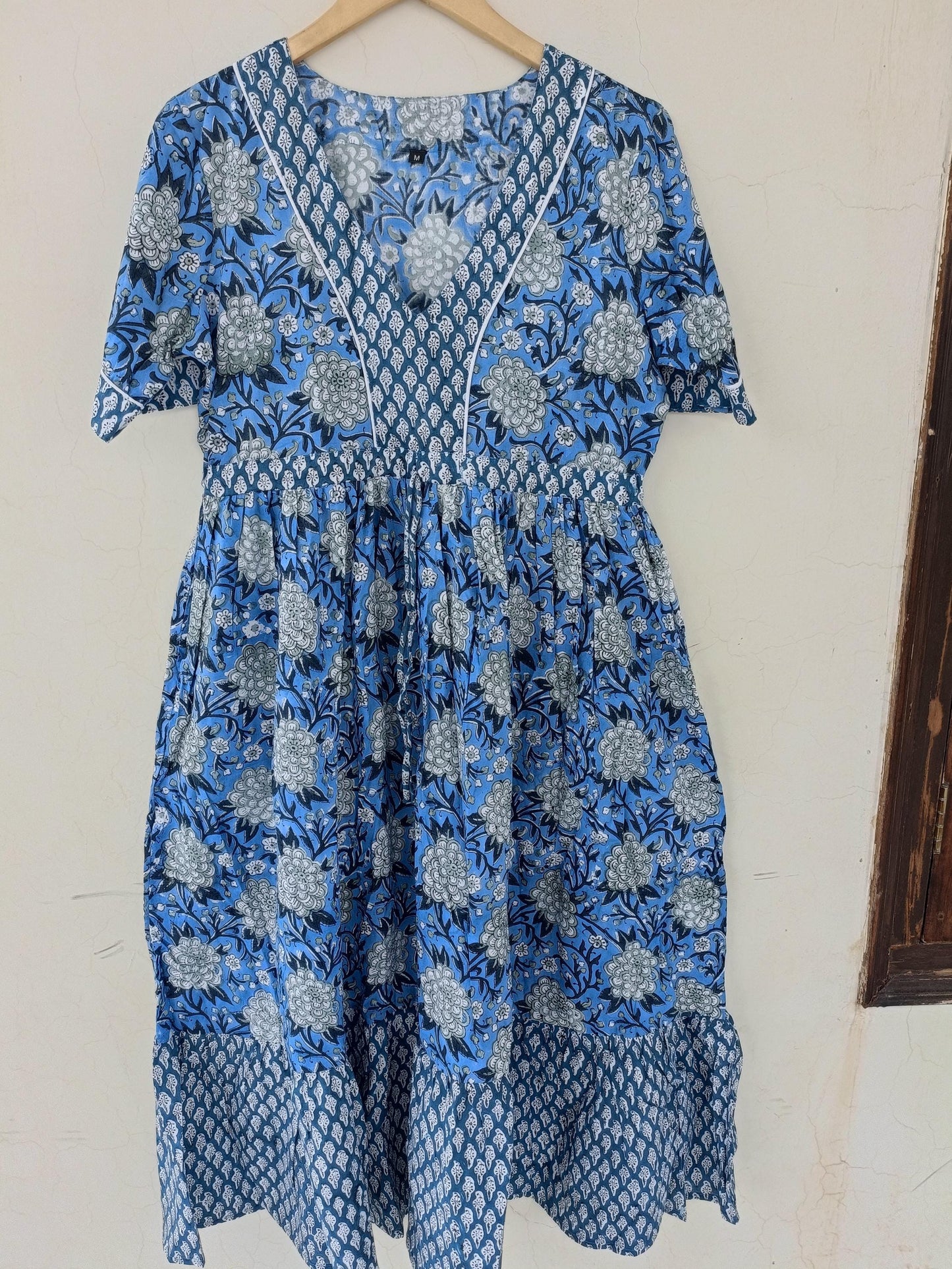 Indian handmade blue dress, v neck dress, block print dress, midi dress, maxi dress,cotton dress, summer wear dress,ruffle dress, gown dress