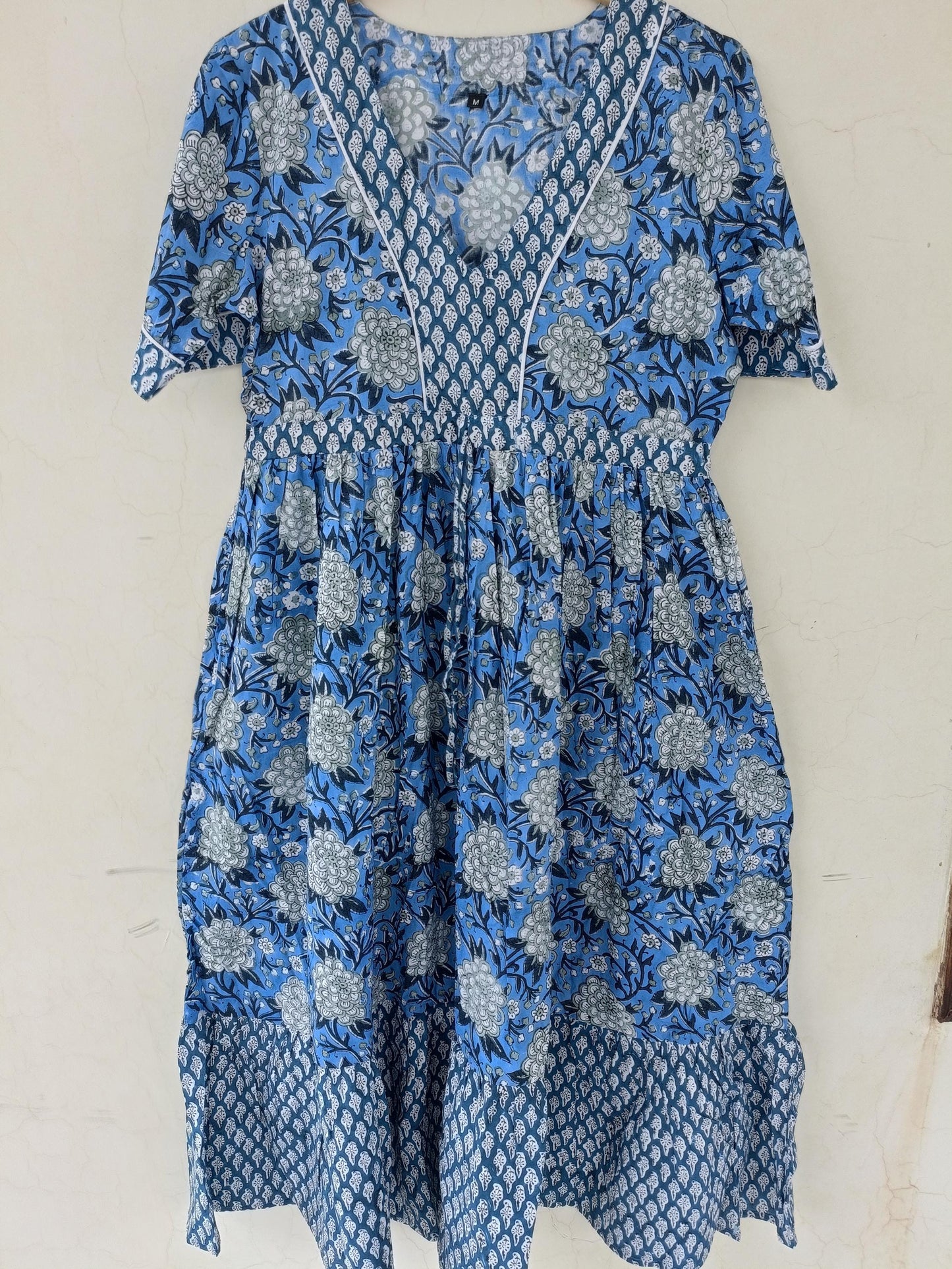 Indian handmade blue dress, v neck dress, block print dress, midi dress, maxi dress,cotton dress, summer wear dress,ruffle dress, gown dress