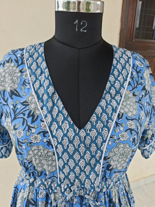 Indian handmade blue dress, v neck dress, block print dress, midi dress, maxi dress,cotton dress, summer wear dress,ruffle dress, gown dress